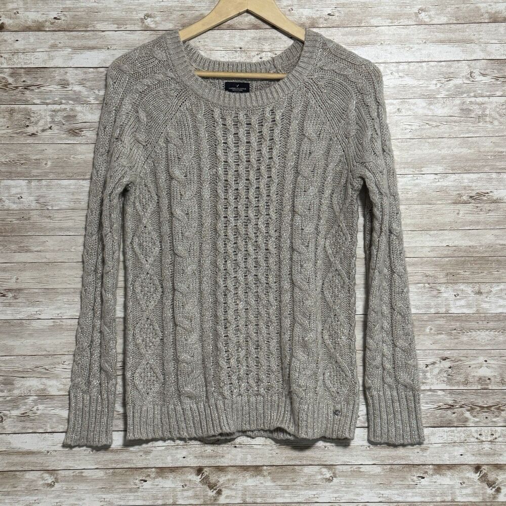 American Eagle Cable Knit Sweater Women S Beige Metallic Crewneck Chunky Soft